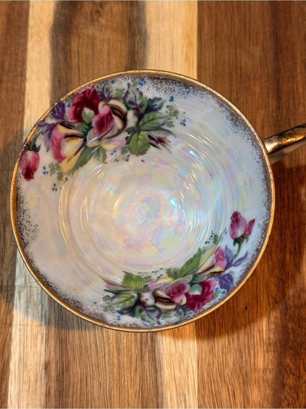 Vintage Floral Porcelain Tea Cup with Gold Trim - White Pink Green